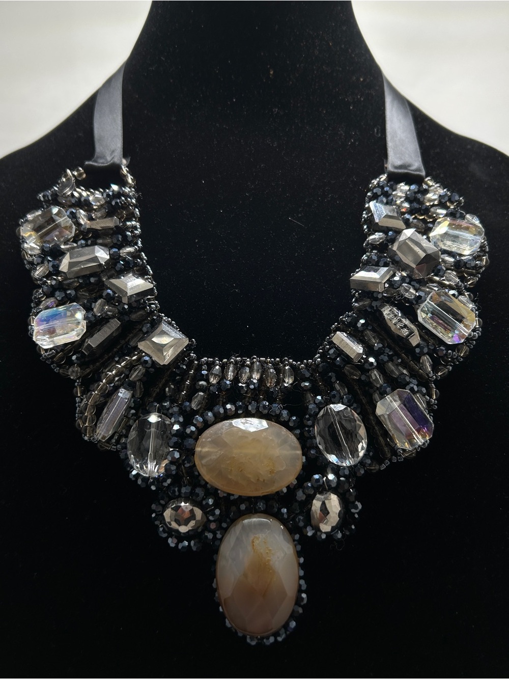 Tasha, Chunky Crystal And Stone Bib Necklace, Black, Tan